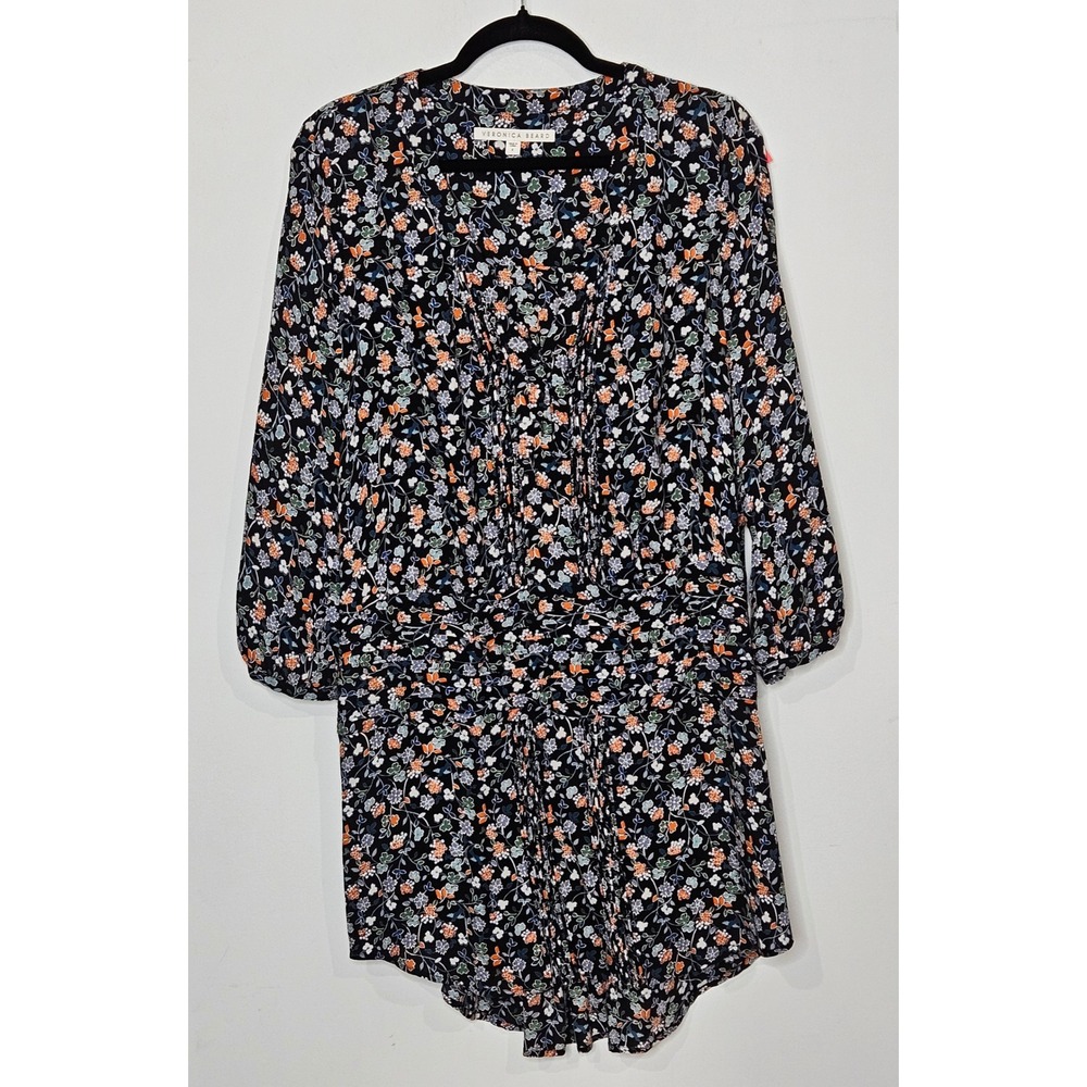 Veronica Beard August Floral Silk Boho Ruched Midi Dress 8 Black‎ Orange Blue